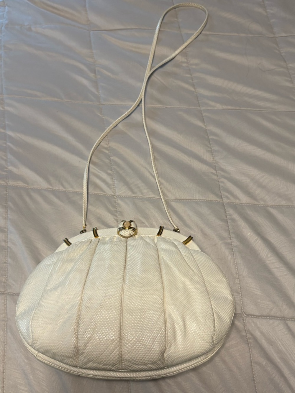 Vintage Judith Lieber snakeskin ivory colored clutch with strap